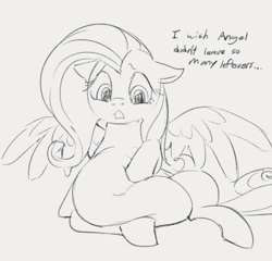 Size: 602x578 | Tagged: safe, artist:dotkwa, fluttershy, pegasus, pony, belly, belly button, big belly, dialogue, fat, fattershy, female, mare, monochrome, open mouth, simple background, sitting, solo, white background, wings