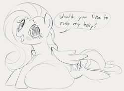 Size: 705x518 | Tagged: safe, artist:dotkwa, fluttershy, pegasus, pony, g4, belly, big belly, fat, fattershy, female, mare, monochrome, solo, wings