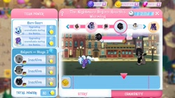 Size: 1280x720 | Tagged: safe, gameloft, screencap, can o'beans, night watch, nightmare rarity, officer fluffles, rough diamond, saddler daily, trixie, twilight sparkle, vigilance, vinny, whinnyfield, pony, g4, alternate hairstyle, babysitter trixie, clothes, gem, hoodie, nightmare twilight, nightmarified, sunglasses