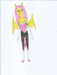 Size: 1700x2200 | Tagged: safe, artist:justinandrew1984, fluttershy, bat pony, anthro, g4, bat ponified, breasts, cleavage, clothes swap, crossover, flutterbat, race swap, rouge the bat costume, solo, sonic the hedgehog (series), traditional art