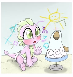 Size: 3176x3334 | Tagged: safe, artist:stardust-pony, spike, dragon, g4, alternate universe, baby, baby dragon, baby spike, barb, clothes, diaper, dress, explicit source, high res, implied dusk shine, mannequin, rule 63, younger