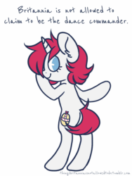 Size: 900x1200 | Tagged: safe, artist:hawthornss, oc, oc only, oc:britannia, pony, unicorn, b.u.c.k., b.u.c.k. 2016, things britannia is not allowed to do, animated, bipedal, butt, butt shake, dancing, female, looking at you, looking back, looking back at you, mare, mascot, no pupils, plot, simple background, smiling, solo, white background