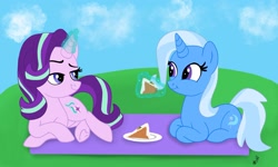 Size: 2048x1229 | Tagged: safe, artist:kazzysart, starlight glimmer, trixie, pony, unicorn, g4, cake, carrot cake (food), eating, female, food, lesbian, looking at each other, magic, mare, picnic, picnic blanket, ponyloaf, ship:startrix, shipping, telekinesis