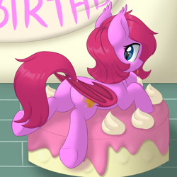 Size: 2000x2000 | Tagged: safe, artist:one4pony, oc, oc only, oc:cheery bell, bat pony, pony, bat pony oc, bat wings, birthday, birthday cake, butt, cake, cute, food, high res, ocbetes, plot, solo, wings