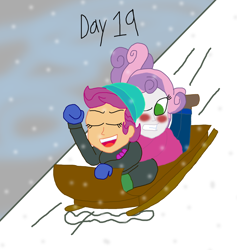 Size: 1280x1349 | Tagged: safe, artist:horroraceman93, scootaloo, sweetie belle, equestria girls, g4, blushing, clothes, duo, female, lesbian, mountain, ship:scootabelle, shipping, sled, snow, winter outfit