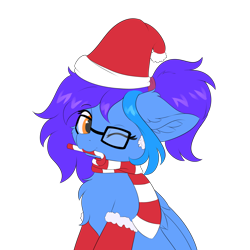 Size: 5000x5000 | Tagged: safe, artist:lunar froxy, oc, oc only, oc:angley, pegasus, pony, absurd resolution, chest fluff, christmas, clothes, commission, cute, ear fluff, female, glasses, hat, holiday, one eye closed, ponytail, santa hat, scarf, simple background, socks, solo, transparent background, wings, wink, ych result