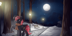 Size: 6450x3250 | Tagged: safe, artist:tinnitus, oc, oc only, oc:darius, oc:rosetta hask, pegasus, pony, unicorn, castle, female, horn, lamp, male, moon, mountain, night, night sky, sky, snow, solo, wings, winter, wood