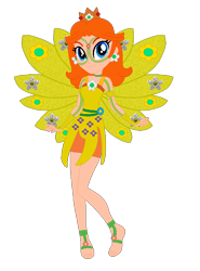 Size: 510x689 | Tagged: safe, artist:cookiechans2, artist:user15432, fairy, human, equestria girls, g4, arcanix, barefoot, barely eqg related, base used, clothes, crossover, crown, ear piercing, earring, equestria girls style, equestria girls-ified, fairy wings, fairyized, feet, fingerless gloves, gloves, jewelry, nintendo, piercing, princess daisy, rainbow s.r.l, regalia, simple background, solo, super mario bros., transparent background, wings, winx, winx club, winxified, yellow dress, yellow wings