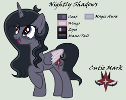 Size: 2028x1616 | Tagged: safe, artist:lominicinfinity, oc, oc only, oc:nightly shadows, alicorn, pony, female, mare, reference sheet, simple background, solo, two toned wings, wings
