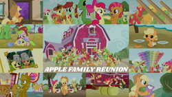 Size: 1992x1121 | Tagged: safe, edit, edited screencap, editor:quoterific, screencap, apple bloom, apple bumpkin, apple cinnamon, apple cobbler, apple crumble, apple dumpling, apple fritter, apple honey, apple leaves, apple mint, apple rose, apple split, apple squash, apple strudel, apple tarty, apple top, applejack, aunt orange, auntie applesauce, babs seed, big macintosh, braeburn, bushel, candy apples, florina tart, gala appleby, golden delicious, granny smith, half baked apple, hayseed turnip truck, hoss, jonagold, liberty belle, marmalade jalapeno popette, mosely orange, perfect pie, pink lady, red delicious, red gala, red june, spike, sweet tooth, uncle orange, wensley, dragon, earth pony, pony, apple family reunion, g4, season 3, apple family, apple family member, baby, baby pony, babyjack, female, filly, foal, male, mare, raise this barn, stallion, younger
