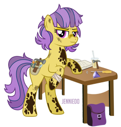 Size: 1144x1200 | Tagged: safe, artist:jennieoo, oc, oc only, oc:shale blush, earth pony, pony, g4, bag, book, diamond, gem, show accurate, solo, stains, table, working