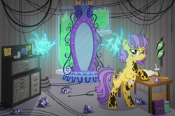 Size: 1200x793 | Tagged: safe, artist:jennieoo, oc, oc only, oc:shale blush, earth pony, goo, pony, g4, diamond, electricity, gem, goggles, mirror, mirror portal, show accurate, solo, tesla coil, wires, working