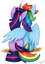 Size: 2480x3507 | Tagged: safe, artist:twidasher, rainbow dash, twilight sparkle, pegasus, pony, unicorn, g4, duo, feather, female, heart, high res, hug, intertwined tails, lesbian, mare, ship:twidash, shipping, simple background, tail, unicorn twilight, white background, winghug