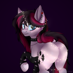 Size: 4000x4000 | Tagged: safe, artist:teelastrie, oc, oc only, oc:xena ferrer, earth pony, pony, absurd resolution, butt, collar, commission, dock, ear piercing, earring, female, holiday, jewelry, looking at you, looking back, looking back at you, mare, piercing, plot, raised hoof, smiling, solo, spiked collar, string lights, tail, ych result