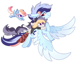 Size: 1500x1250 | Tagged: safe, artist:liquorice_sweet, oc, oc only, oc:comet streak, oc:liquorice sweet, oc:soaring skies, earth pony, pegasus, pony, 2021 community collab, derpibooru community collaboration, clothes, couple, family, female, flying, foal, holding on, male, mare, simple background, socks, stallion, striped socks, transparent background