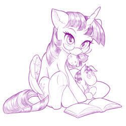 Size: 1280x1280 | Tagged: safe, artist:dstears, smarty pants, twilight sparkle, alicorn, pony, g4, adorkable, book, cookie, cute, digital art, dork, female, food, frog (hoof), glasses, hoofbutt, mare, meganekko, monochrome, mouth hold, plushie, simple background, smiling, solo, twiabetes, twilight sparkle (alicorn), twilight's professional glasses, underhoof, weapons-grade cute, white background
