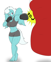 Size: 1301x1588 | Tagged: safe, artist:matchstickman, fleetfoot, pegasus, anthro, plantigrade anthro, g4, abs, barefoot, boxing, boxing gloves, breasts, busty fleetfoot, feet, female, fleetflex, muscles, muscular female, onomatopoeia, punching bag, simple background, solo, sports, sweat, white background