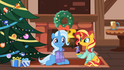 Size: 6405x3603 | Tagged: safe, artist:inaactive, sunset shimmer, trixie, pony, unicorn, g4, christmas, christmas tree, clothes, fireplace, holiday, sweater, toy, tree, vector