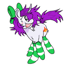 Size: 966x862 | Tagged: safe, artist:boxyknife, oc, oc only, oc:mable syrup, pony, unicorn, blind, bow, clothes, palindrome get, purple hair, socks, solo, striped socks