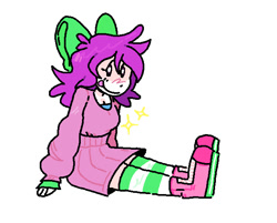 Size: 635x510 | Tagged: safe, artist:boxyknife, oc, oc only, oc:mable syrup, human, boots, bow, clothes, deaf, dress, humanized, purple hair, shoes, sitting, socks, stockings, striped socks, thigh highs, tongue out