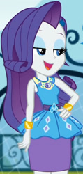 Size: 971x2045 | Tagged: safe, screencap, rarity, equestria girls, g4, my little pony equestria girls: better together, sock it to me, sock it to me: rarity, bracelet, canterlot high, clothes, cropped, cute, diamond, dress, female, geode of shielding, gold, hand on hip, jewelry, legs, lidded eyes, magical geodes, makeup, necklace, outdoors, pencil skirt, raribetes, rarity peplum dress, skirt, sleeveless, smiling, soccer field, waistband, wrist cuffs