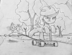 Size: 1140x873 | Tagged: safe, artist:allyster-black, apple bloom, scootaloo, sweetie belle, earth pony, pegasus, pony, unicorn, g4, :p, cutie mark crusaders, helmet, monochrome, pencil drawing, scooter, screaming, this will end in pain, tongue out, traditional art, wagon