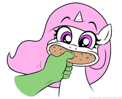 Size: 594x484 | Tagged: safe, artist:banebuster, princess celestia, oc, oc:anon, alicorn, pony, series:tiny tia, g4, cewestia, cookie, cute, cutelestia, disembodied hand, eating, feeding, female, filly, food, hand, offscreen character, pink-mane celestia, simple background, smiling, white background, younger