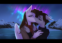 Size: 3645x2550 | Tagged: safe, artist:taleriko, oc, oc:lane dark, oc:taleriko, earth pony, pegasus, anthro, aurora borealis, clothes, female, high res, kissing, lesbian, oc x oc, shipping, winter, winter outfit