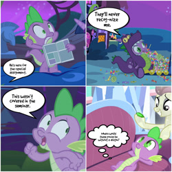 Size: 1400x1400 | Tagged: safe, edit, edited screencap, screencap, fleur de verre, spike, twilight sparkle, crystal pony, dragon, pony, unicorn, g4, luna eclipsed, owl's well that ends well, power ponies (episode), princess spike, bed, comic, couch, detective, golden oaks library, halloween, holiday, movie reference, nightmare night, rush hour, screencap comic, speech bubble, thought bubble