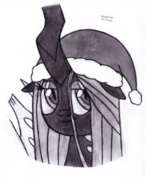 Size: 1024x1246 | Tagged: safe, artist:drchrisman, queen chrysalis, changeling, changeling queen, g4, bust, christmas, christmas changeling, female, hat, holiday, santa hat