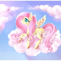 Size: 1024x1024 | Tagged: safe, artist:verrottet, fluttershy, butterfly, pegasus, pony, g4, cloud, colored pupils, crepuscular rays, cute, female, lying down, mare, on a cloud, outdoors, profile, prone, shyabetes, sky, smiling, solo, spread wings, wings