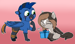 Size: 2088x1238 | Tagged: safe, artist:heretichesh, oc, oc:sagey, oc:whimsy whisky, bat pony, griffon, hippogriff, pony, chickub, colt, emoticon, female, filly, male, present, shipping