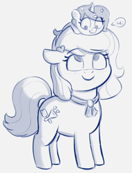 Size: 701x919 | Tagged: safe, artist:heretichesh, oc, oc:new, oc:zeta, earth pony, pony, unicorn, dialogue, family, female, filly, foal, grandmother and grandchild, looking up, mare, monochrome, ponies riding ponies, pony hat, riding, sketch, text