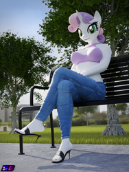 Size: 2880x3840 | Tagged: safe, artist:shadowboltsfm, sweetie belle, anthro, plantigrade anthro, g4, 3d, bench, big breasts, blender, breasts, busty sweetie belle, cleavage, clothes, cute, ear piercing, earring, eyelashes, feet, high heels, high res, jeans, jewelry, lipstick, looking at you, midriff, nail polish, not sfm, older, older sweetie belle, open-toed shoes, pants, park, park bench, piercing, shoe dangling, shoes, sitting, smiling, solo, toenail polish, toes