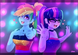 Size: 2048x1455 | Tagged: safe, artist:aaa-its-spook, rainbow dash, sci-twi, twilight sparkle, equestria girls, equestria girls series, g4, i'm on a yacht, spoiler:eqg series (season 2), alternate hairstyle, breasts, cleavage, clothes, dress, female, glasses, lesbian, polydactyly, ship:sci-twidash, ship:twidash, shipping