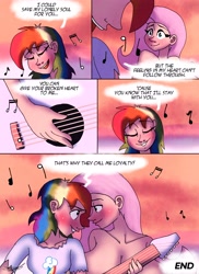 Size: 2978x4096 | Tagged: safe, artist:ringteam, fluttershy, rainbow dash, human, comic:a certain confession, g4, acousticbrony, big breasts, blushing, breasts, busty fluttershy, comic, eyes closed, female, guitar, huge breasts, humanized, kissing, lesbian, loyalty, lyrics, musical instrument, playing, ship:flutterdash, shipping, singing, song reference, speech bubble, text