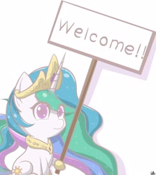Size: 2190x2450 | Tagged: safe, artist:drawalaverr, princess celestia, alicorn, pony, g4, chibi, fanart, female, high res, horn, mare, quadrupedal, sign, simple background, smiling, solo, white background