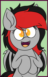 Size: 1200x1920 | Tagged: safe, artist:thebadbadger, oc, oc:cinder, bat pony, pony, cute, female, happy, hooves to the chest, mare, ocbetes, open mouth