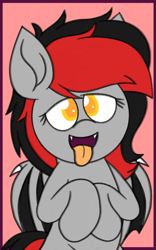 Size: 1200x1920 | Tagged: safe, artist:thebadbadger, oc, oc:cinder, bat pony, pony, fangs, female, hooves to the chest, mare, open mouth, solo, tongue out