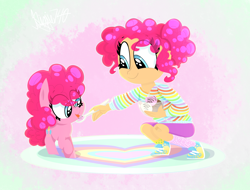 Size: 1770x1345 | Tagged: safe, artist:siggie740, pinkie pie, earth pony, human, pony, g4, :p, child, cute, diapinkes, feeding, female, filly, filly pinkie pie, food, human ponidox, humanized, ice cream, pigtails, self ponidox, tongue out, younger
