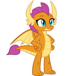 Size: 2016x2140 | Tagged: safe, anonymous artist, derpibooru exclusive, smolder, dragon, g4, what lies beneath, .svg available, cute, dragoness, eyelashes, female, hand on hip, high res, horns, simple background, smiling, smolderbetes, solo, svg, tail, transparent background, vector, wings