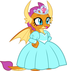 Size: 2016x2140 | Tagged: safe, alternate version, anonymous artist, derpibooru exclusive, edit, vector edit, smolder, dragon, g4, what lies beneath, .svg available, clothes, cute, dragoness, dress, eyelashes, female, hand on hip, high res, horns, jewelry, lipstick, makeup, princess smolder, puffy sleeves, simple background, smiling, smolderbetes, solo, svg, tail, tiara, tomboy taming, transparent background, vector, wings