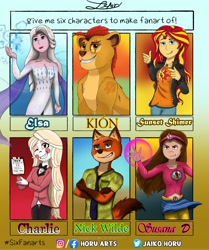 Size: 2144x2560 | Tagged: safe, artist:horu_arts, sunset shimmer, big cat, demon, fox, human, lion, anthro, equestria girls, g4, charlie morningstar, clothes, crossed arms, crossover, cutie mark, cutie mark on clothes, elsa, eye scar, female, finger gun, finger guns, frozen (movie), glowing hands, hazbin hotel, hellaverse, hellborn, high res, jacket, jewelry, kion, necklace, nick wilde, pants, princess, princess of hell, scar, six fanarts, skirt, smiling, smirk, that's entertainment, the lion guard, zootopia