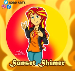 Size: 3913x3722 | Tagged: safe, alternate version, artist:horu_arts, sunset shimmer, equestria girls, g4, clothes, cutie mark, cutie mark on clothes, female, finger gun, finger guns, high res, jacket, jewelry, misspelling, necklace, pants, signature, smiling, smirk, solo, sun, sunshine shimmer