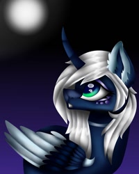 Size: 1080x1350 | Tagged: safe, artist:rxndxm.artist, princess luna, alicorn, pony, g4, alternate design, curved horn, female, full moon, horn, looking back, mare, moon, night, solo, white-haired luna