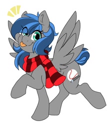 Size: 662x768 | Tagged: safe, artist:littlebibbo, oc, oc only, oc:bibbo, pegasus, pony, :p, clothes, female, freckles, hair over one eye, looking at you, mare, raised hoof, raised leg, scarf, simple background, smiling, solo, spread wings, tongue out, white background, wings