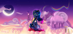 Size: 1894x900 | Tagged: safe, artist:darksly, princess luna, alicorn, pony, g4, cloud, cloudsdale, commission, crescent moon, female, looking at you, mare, moon, on a cloud, sitting, sitting on a cloud, smiling, solo, stars, sunset, twilight (astronomy)