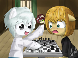 Size: 1600x1200 | Tagged: safe, artist:zorbitas, earth pony, pony, chess, chess piece, chessboard, clothes, crossover, death note, floppy ears, goggles, matt (death note), mello, near (death note), open mouth, ponified, shirt