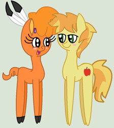 Size: 768x859 | Tagged: safe, artist:jadeharmony, braeburn, little strongheart, bison, buffalo, earth pony, pony, g4, adoraheart, braebetes, chibi, cute, female, male, ship:braeheart, shipping, straight