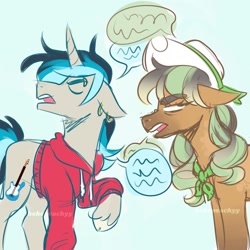 Size: 1280x1280 | Tagged: safe, artist:hehepeachyy, oc, oc only, oc:blue bass, oc:sweet harmony, earth pony, pony, unicorn, annoyed, clothes, cowboy hat, duo, female, floppy ears, hat, hoodie, magical lesbian spawn, male, mare, offspring, parent:applejack, parent:coloratura, parent:octavia melody, parent:vinyl scratch, parents:rarajack, parents:scratchtavia, speech bubble, stallion
